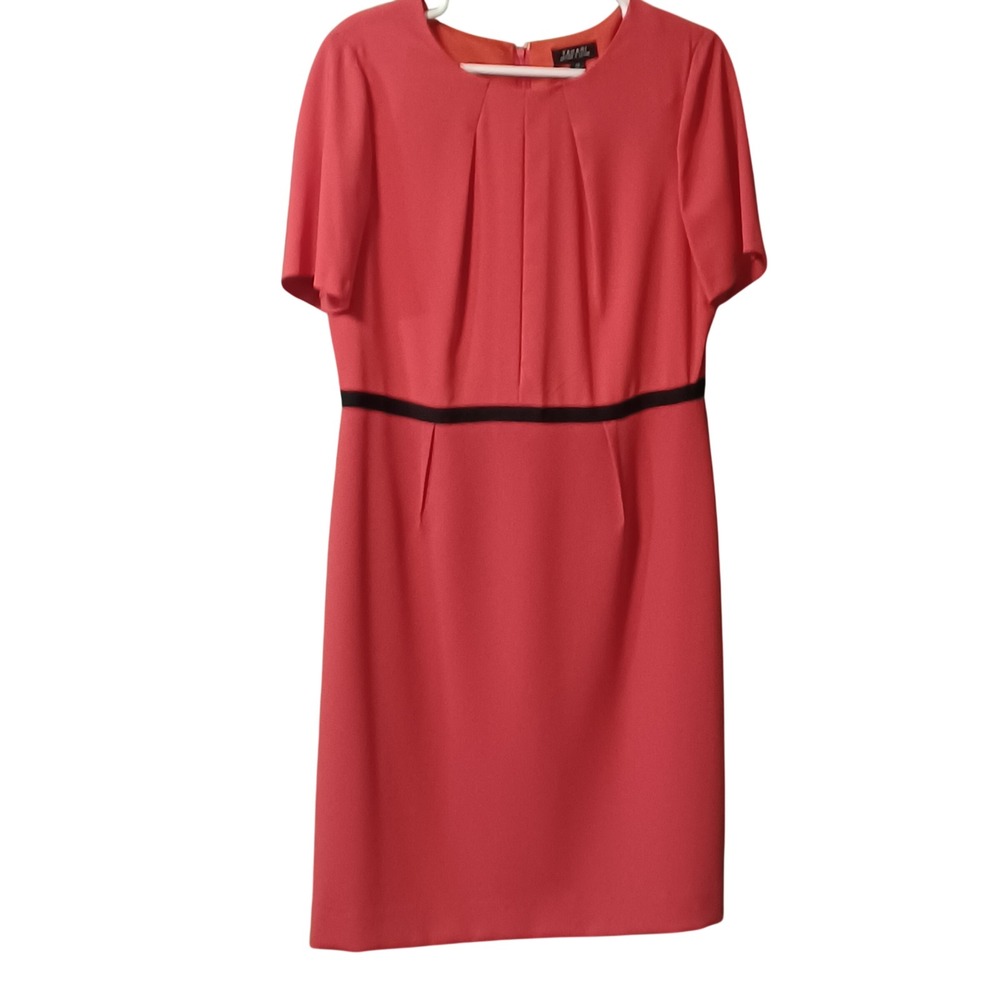 Tahari Arthur S. Levine Coral Red Sheath Dress Black Waistband Size 12 6120M689